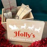 Personalised Christmas Eve Box Wooden Santa Sleigh and Reindeer Red and White